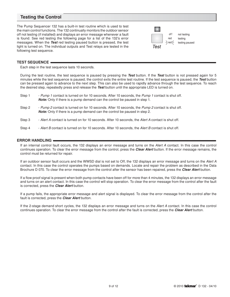 Testing the control | tekmar 132 Pump Sequencer User Manual | Page 9 / 12