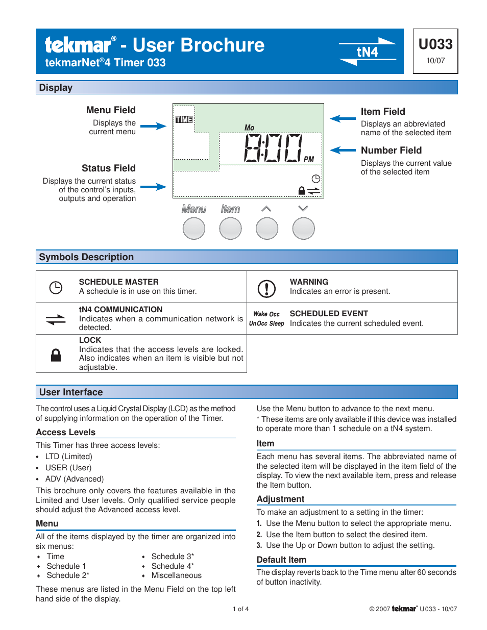 tekmar 033 Timer User Manual | 4 pages