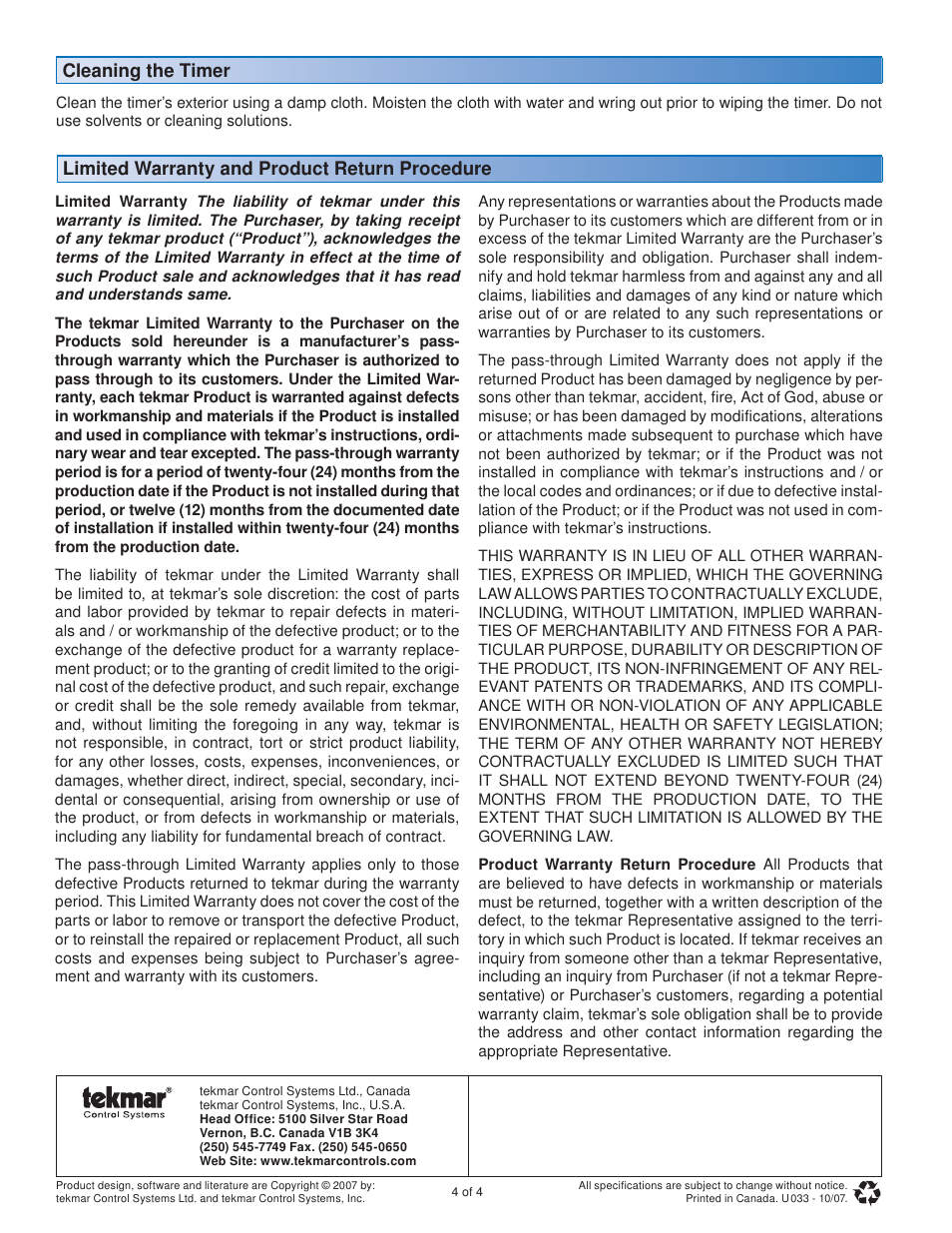 Limited warranty and product return procedure, Cleaning the timer | tekmar 033 Timer User Manual | Page 4 / 4
