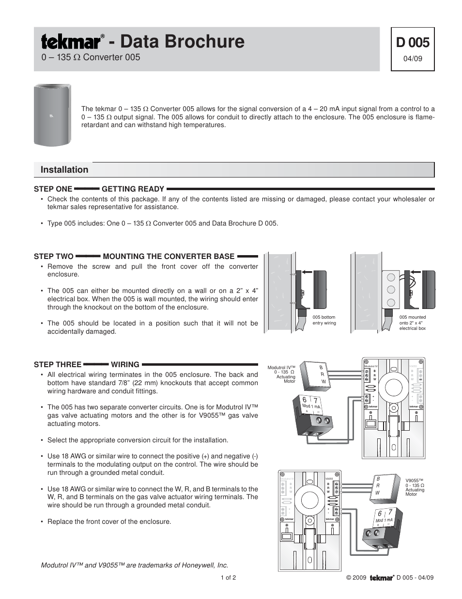 tekmar 0 - 135 Ohm Converter 005 User Manual | 2 pages