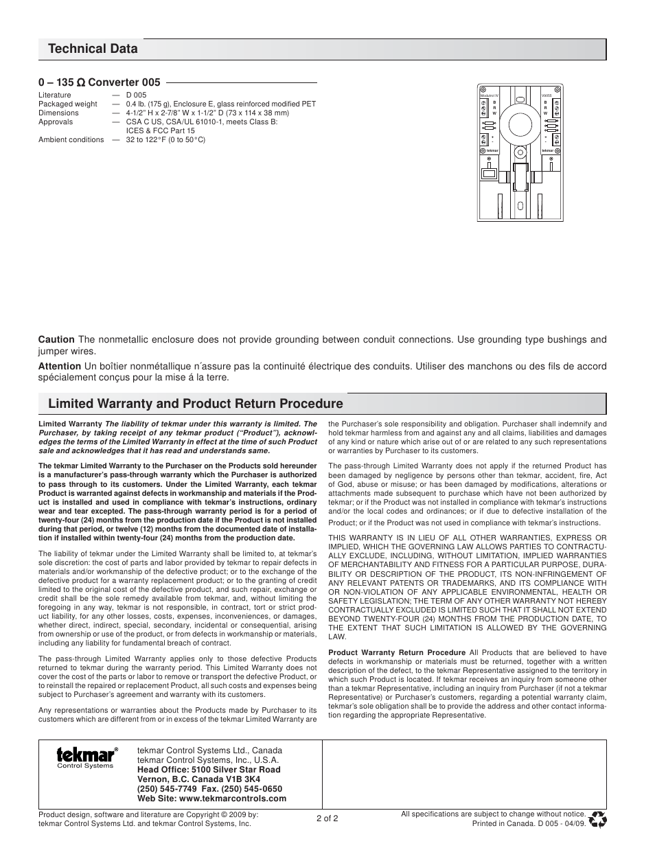 Technical data, Limited warranty and product return procedure | tekmar 0 - 135 Ohm Converter 005 User Manual | Page 2 / 2