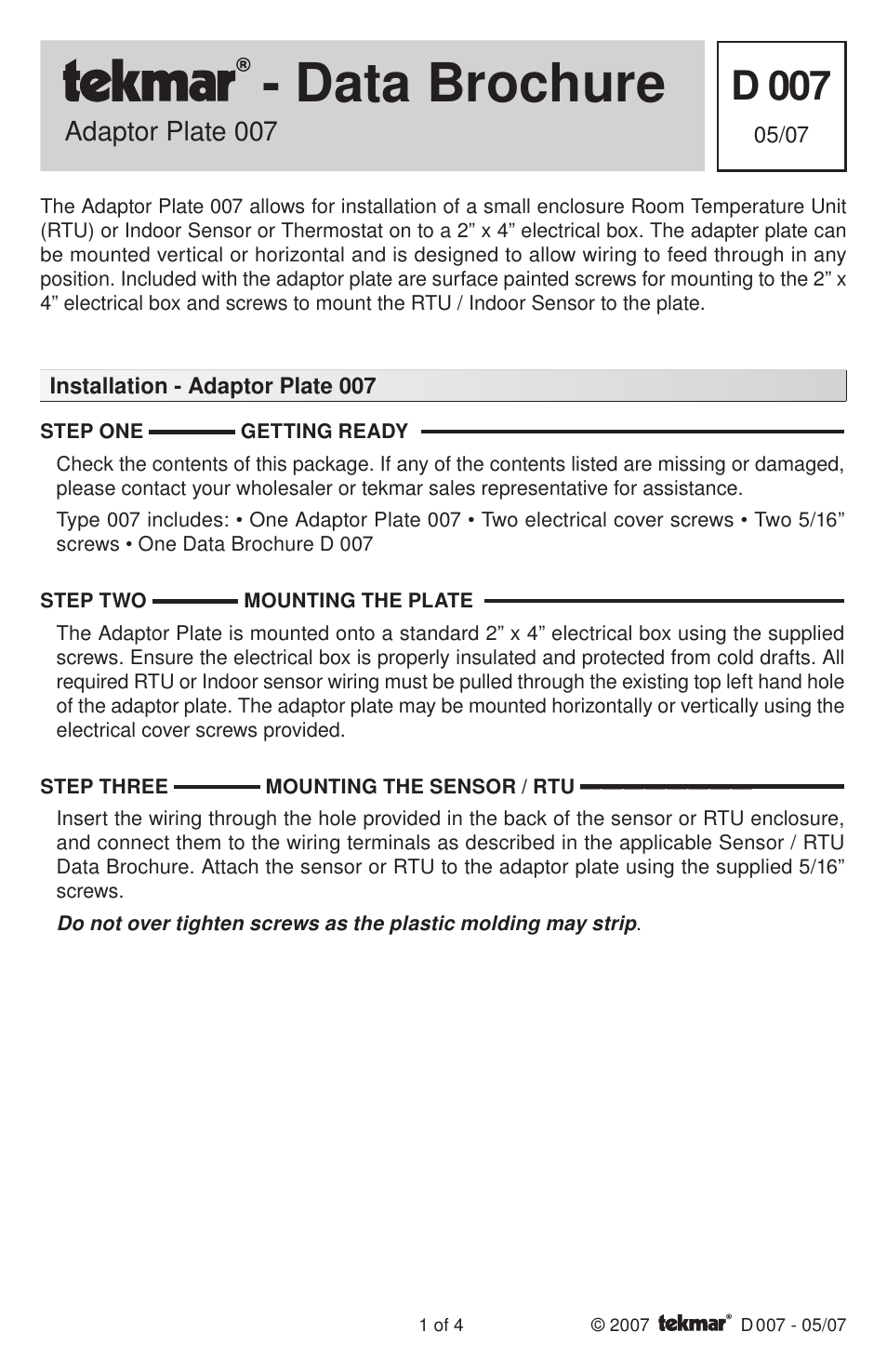 tekmar 007 Adaptor Plate User Manual | 4 pages