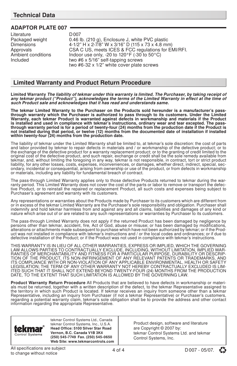 tekmar 007 Adaptor Plate User Manual | Page 4 / 4
