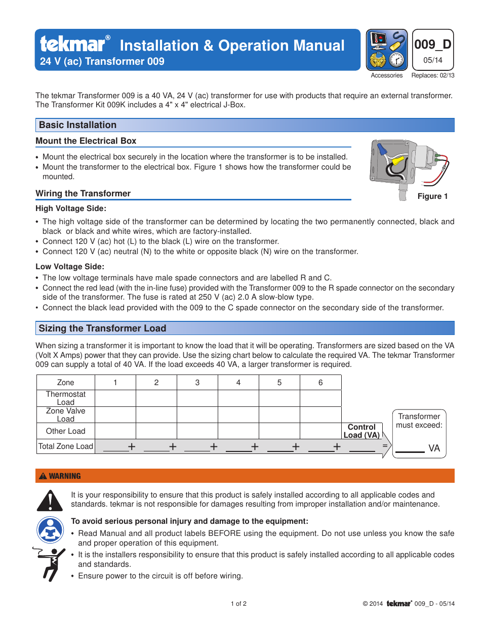 tekmar 009K 24 V (ac) Transformer Kit User Manual | 2 pages