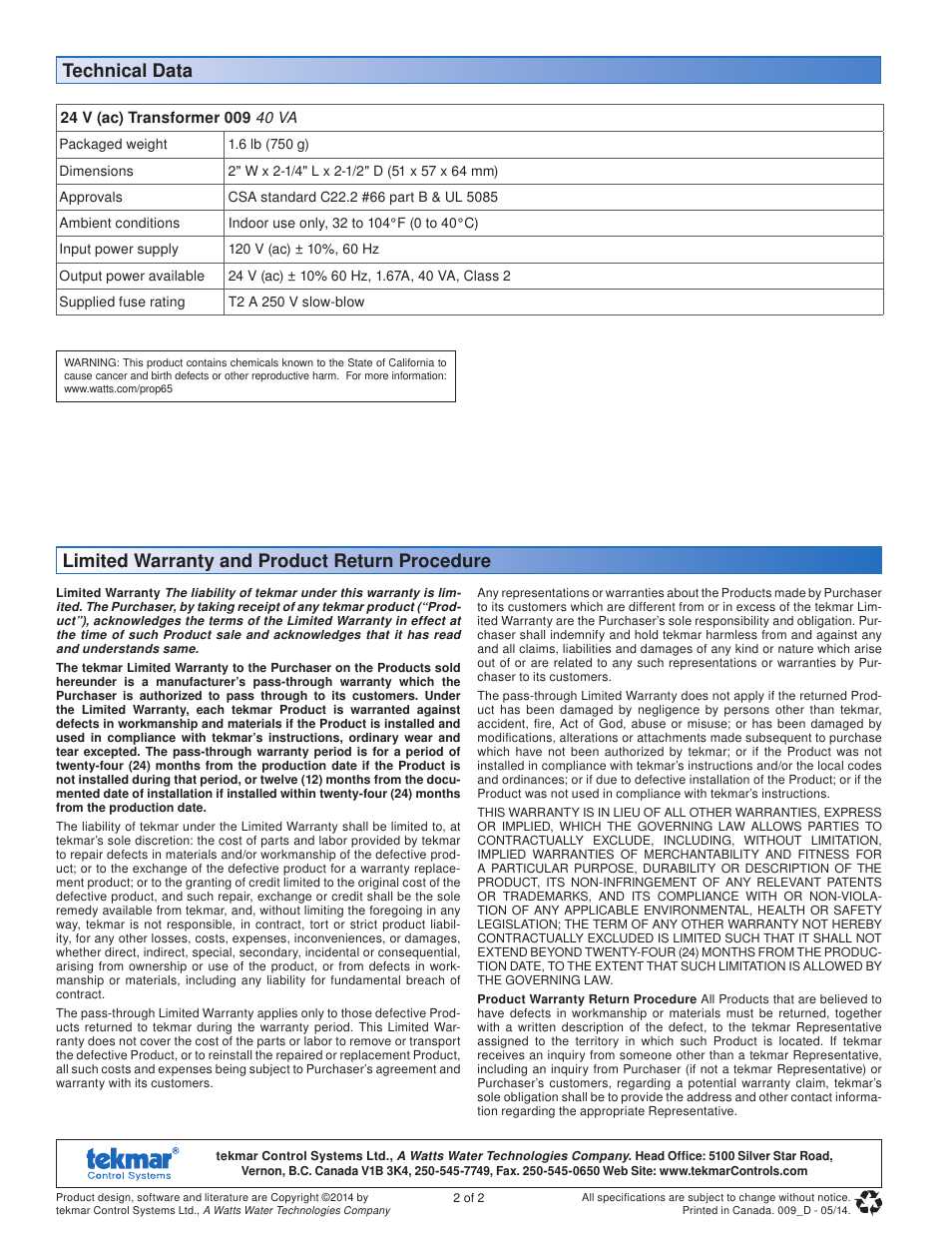 tekmar 009K 24 V (ac) Transformer Kit User Manual | Page 2 / 2