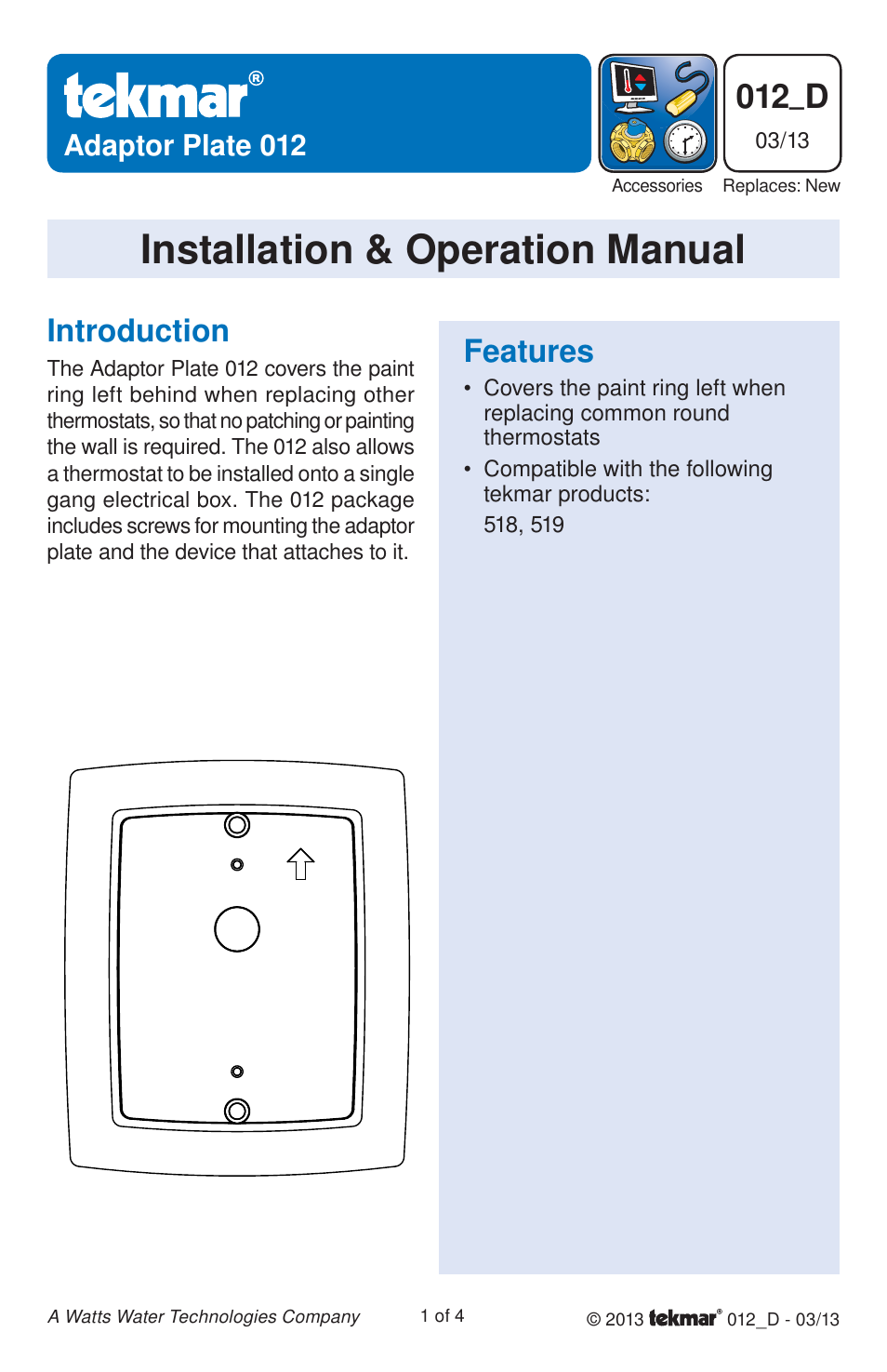 tekmar 012 Adaptor Plate User Manual | 4 pages