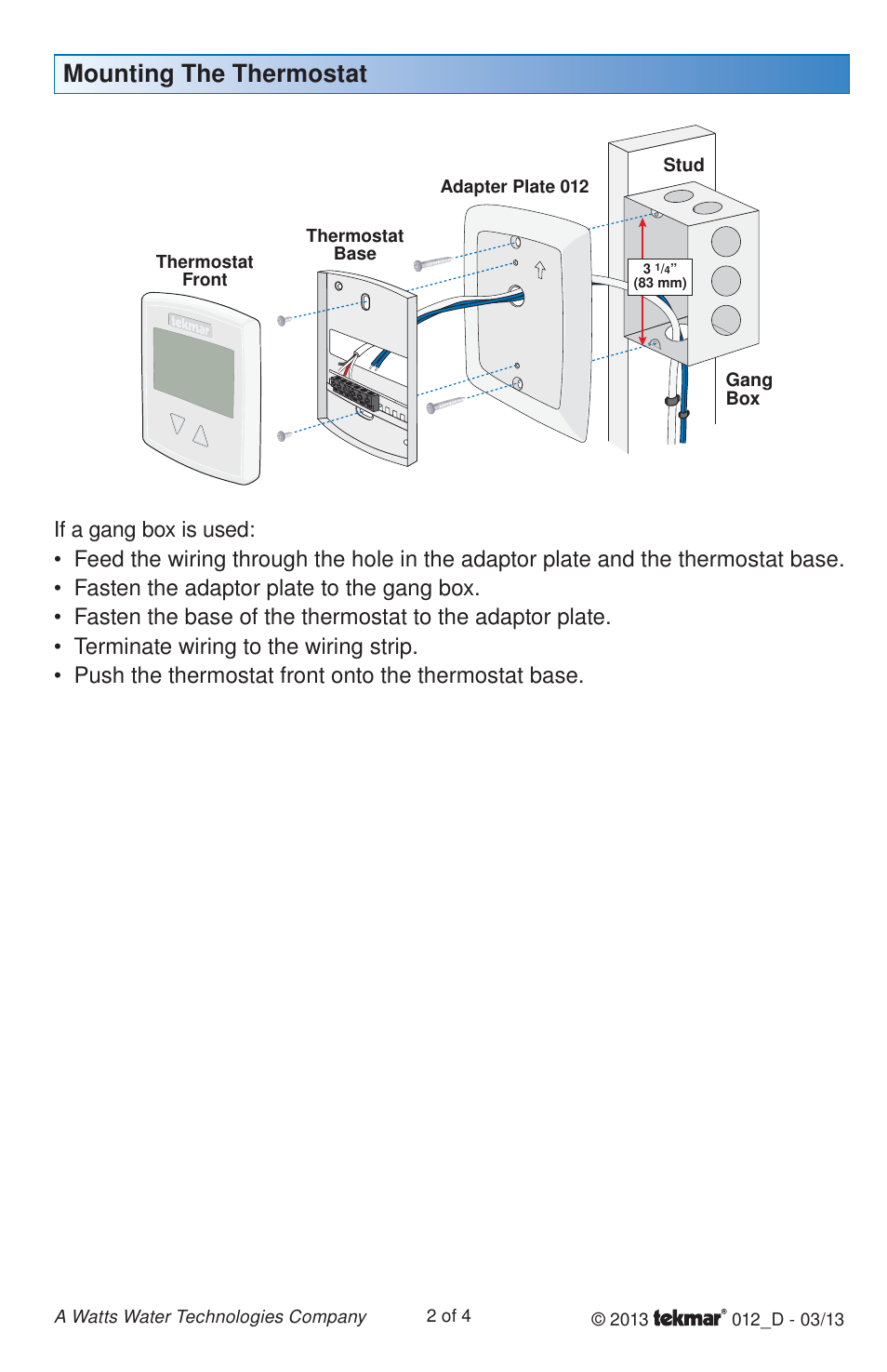 Mounting the thermostat, If a gang box is used | tekmar 012 Adaptor Plate User Manual | Page 2 / 4