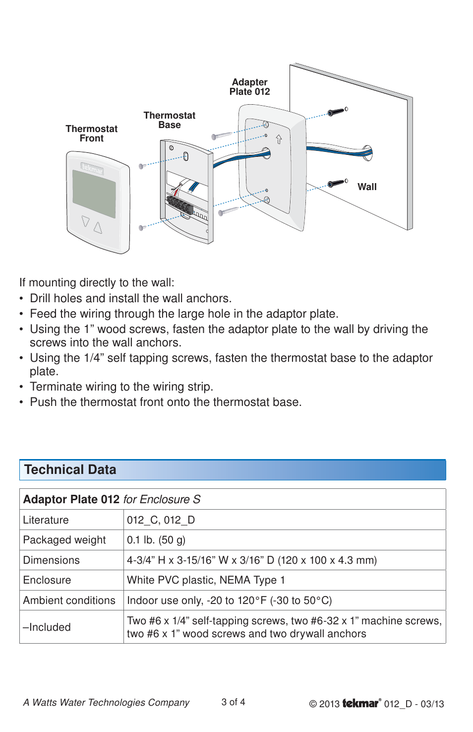 Technical data | tekmar 012 Adaptor Plate User Manual | Page 3 / 4
