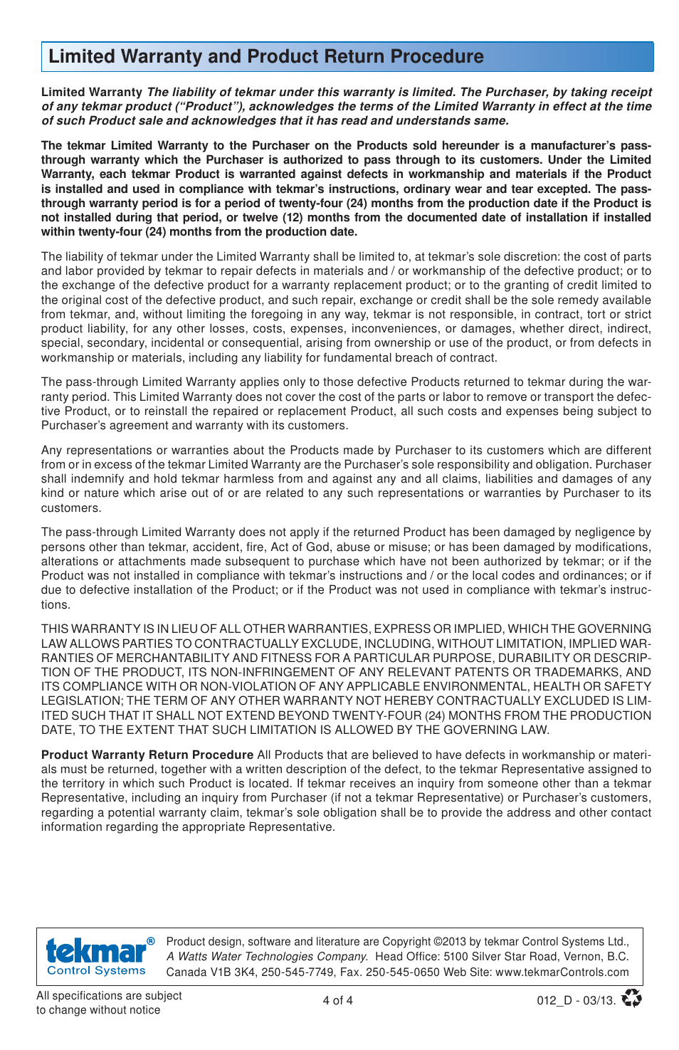 Limited warranty and product return procedure | tekmar 012 Adaptor Plate User Manual | Page 4 / 4