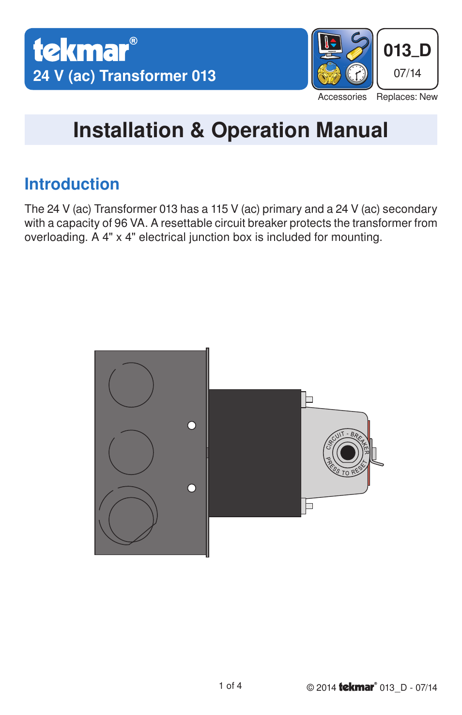 tekmar 013 24 V (ac) Transformer User Manual | 4 pages