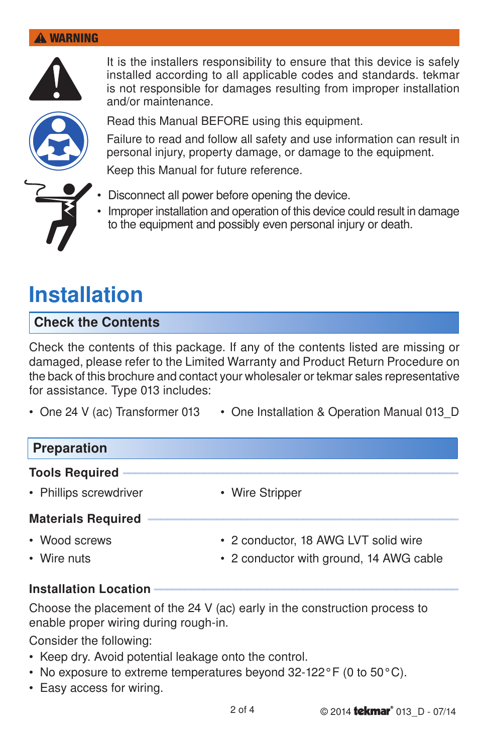 Installation | tekmar 013 24 V (ac) Transformer User Manual | Page 2 / 4