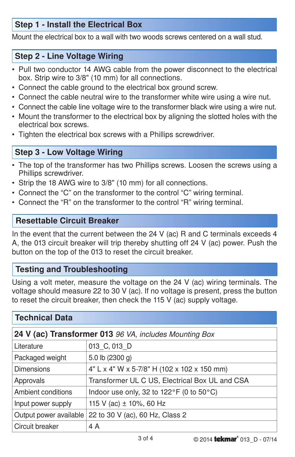 tekmar 013 24 V (ac) Transformer User Manual | Page 3 / 4