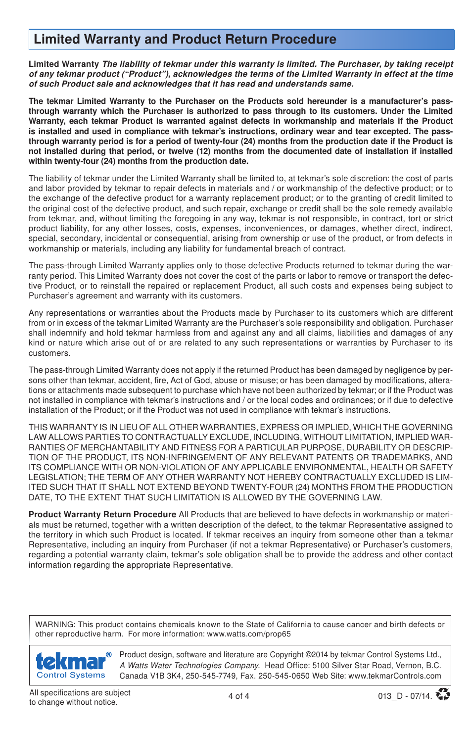 Limited warranty and product return procedure | tekmar 013 24 V (ac) Transformer User Manual | Page 4 / 4