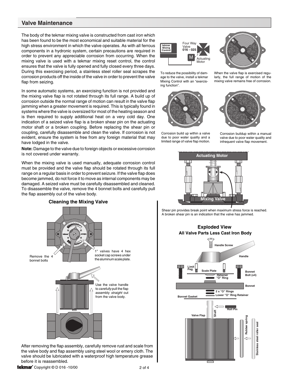 Valve maintenance, Cleaning the mixing valve exploded view, All valve parts less cast iron body | Mixing valve actuating motor | tekmar M3061 Mixing Valve Adapter Kit User Manual | Page 2 / 4