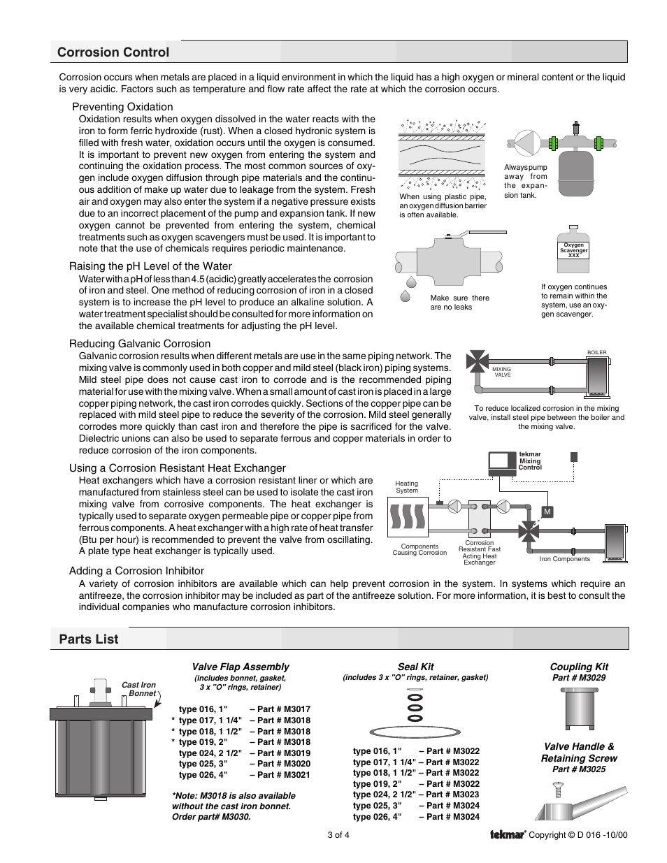 Corrosion control, Parts list, Preventing oxidation | Raising the ph level of the water, Reducing galvanic corrosion, Using a corrosion resistant heat exchanger, Adding a corrosion inhibitor | tekmar M3061 Mixing Valve Adapter Kit User Manual | Page 3 / 4