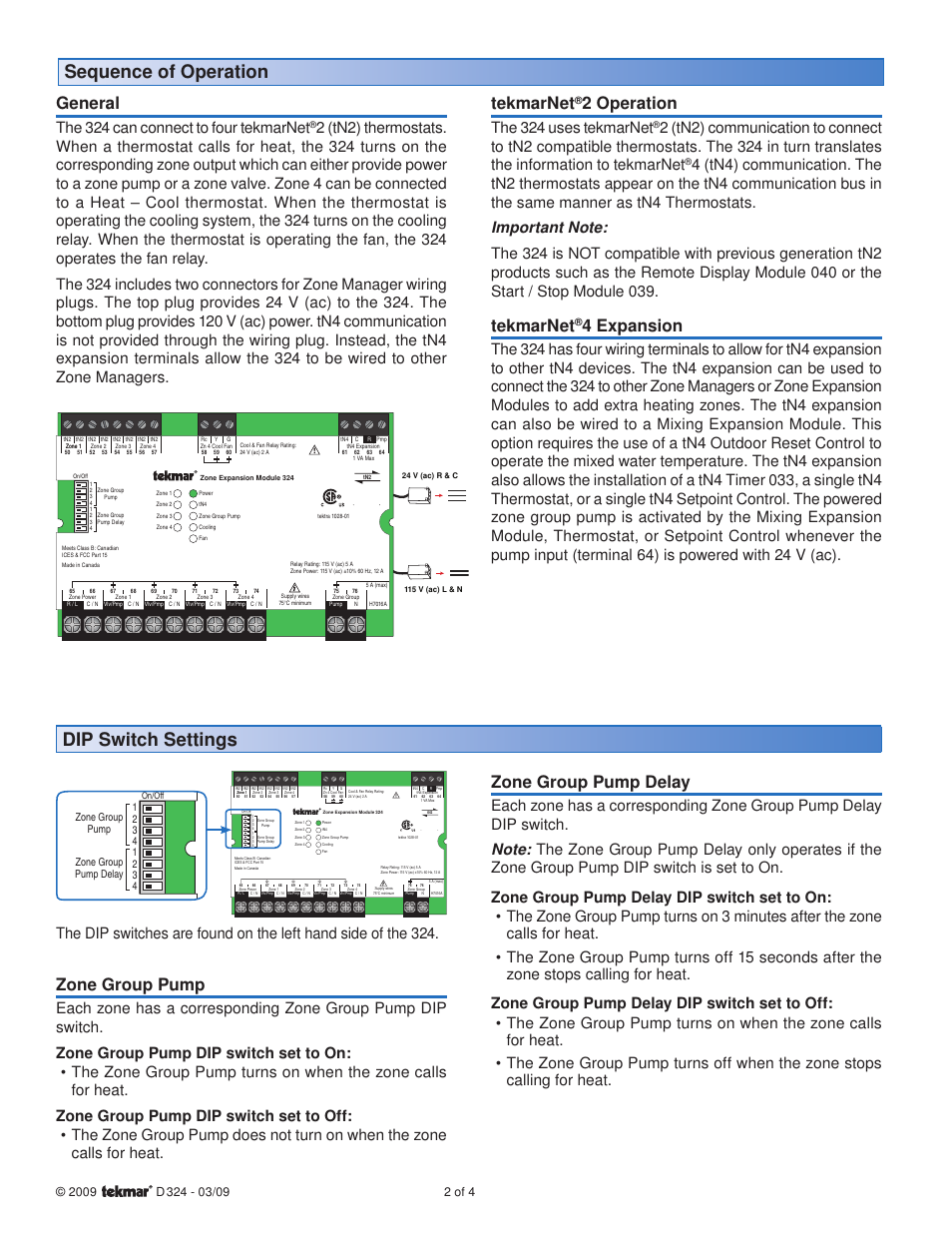 Dip switch settings, Sequence of operation, General | Tekmarnet, 2 operation, 4 expansion, Zone group pump, Zone group pump delay, The 324 can connect to four tekmarnet, The 324 uses tekmarnet | tekmar 324 tN2 Zone Expansion Module User Manual | Page 2 / 4