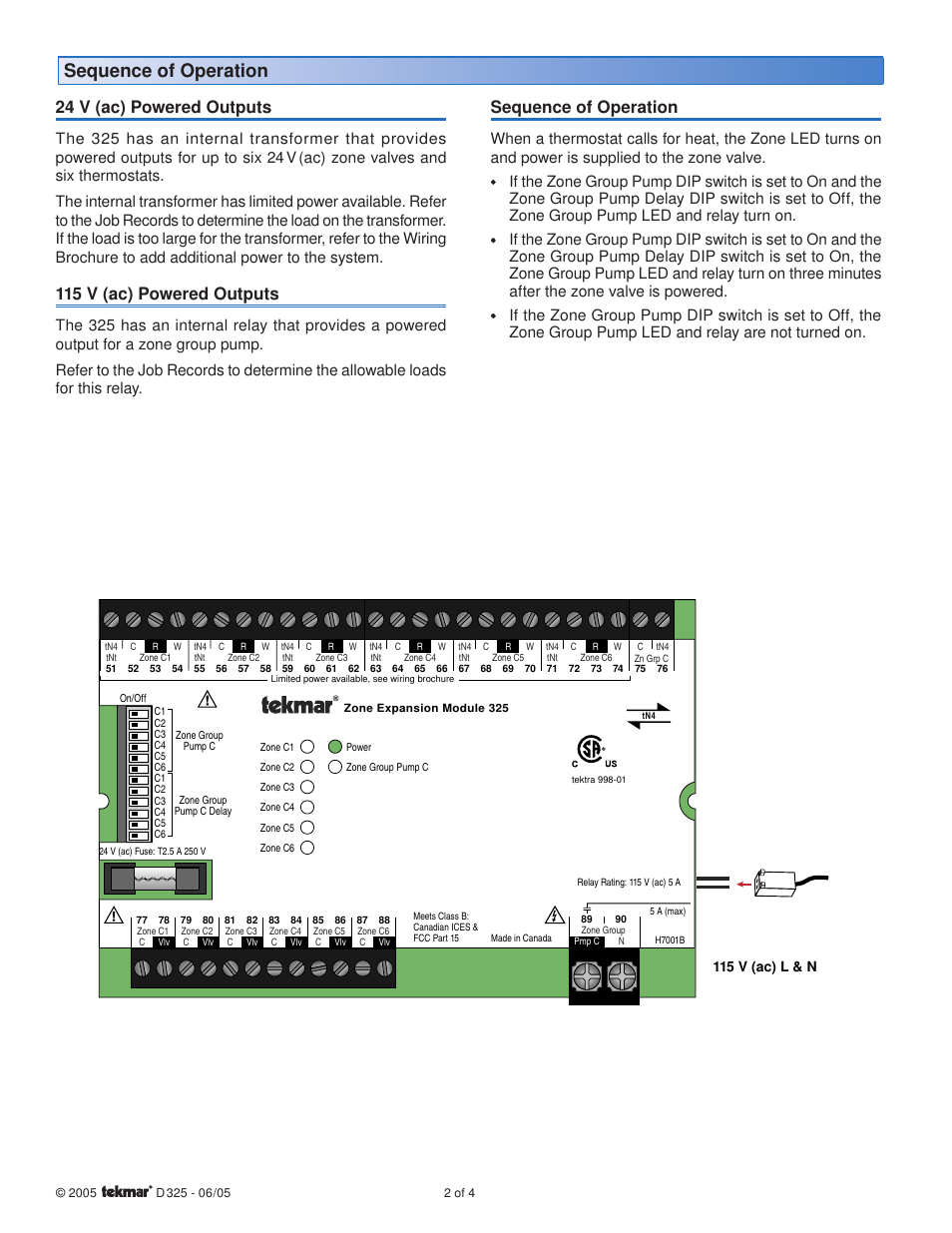 Sequence of operation, 24 v (ac) powered outputs, 115 v (ac) powered outputs | tekmar 325 Zone Expansion Module User Manual | Page 2 / 4