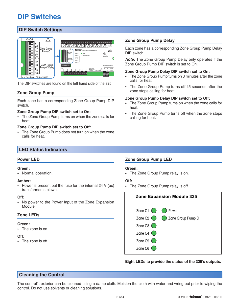 Dip switches, Dip switch settings, Led status indicators | Cleaning the control, Zone group pump, Zone group pump delay, Power led, Zone leds, Zone group pump led | tekmar 325 Zone Expansion Module User Manual | Page 3 / 4