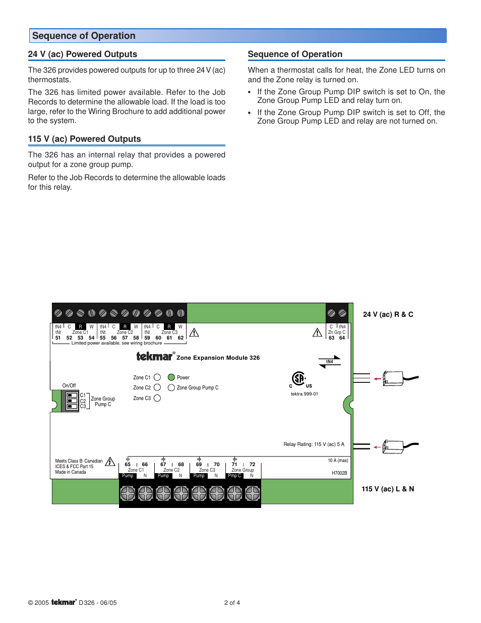 Sequence of operation, 24 v (ac) powered outputs, 115 v (ac) powered outputs | tekmar 326 Zone Expansion Module User Manual | Page 2 / 4