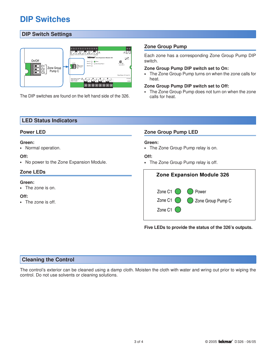 Dip switches, Dip switch settings, Led status indicators | Cleaning the control, Zone group pump, Zone expansion module 326, Power led, Zone leds, Zone group pump led, Power zone group pump c zone c1 zone c1 zone c1 | tekmar 326 Zone Expansion Module User Manual | Page 3 / 4