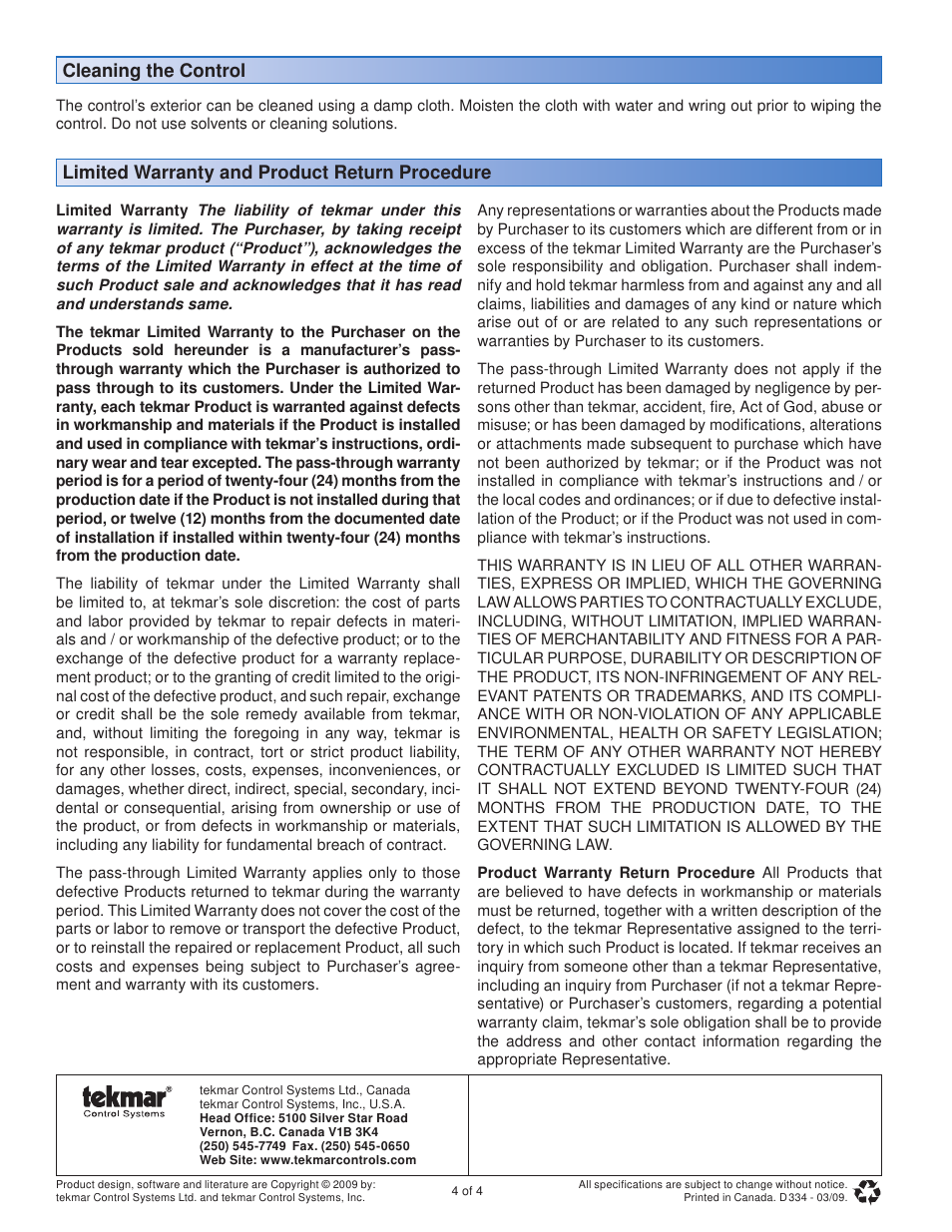 tekmar 334 tN2 Zone Manager User Manual | Page 4 / 4