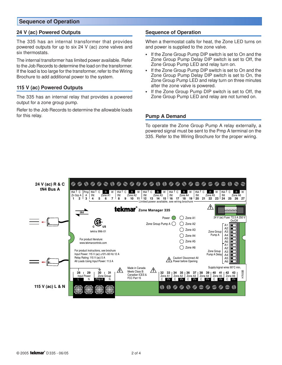 Sequence of operation, 24 v (ac) powered outputs, 115 v (ac) powered outputs | Pump a demand | tekmar 335 Zone Manager User Manual | Page 2 / 4