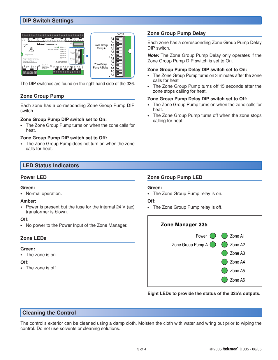 Dip switch settings, Led status indicators cleaning the control, Zone group pump | Zone group pump delay, Power led, Zone leds, Zone group pump led | tekmar 335 Zone Manager User Manual | Page 3 / 4