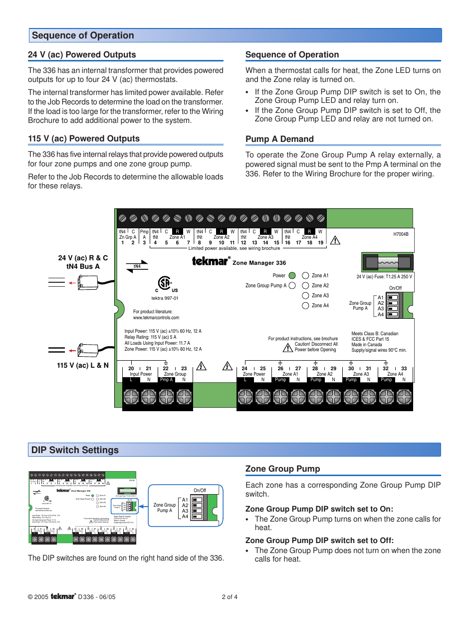 Dip switch settings, Sequence of operation, 24 v (ac) powered outputs | 115 v (ac) powered outputs, Pump a demand, Zone group pump | tekmar 336 Zone Manager User Manual | Page 2 / 4