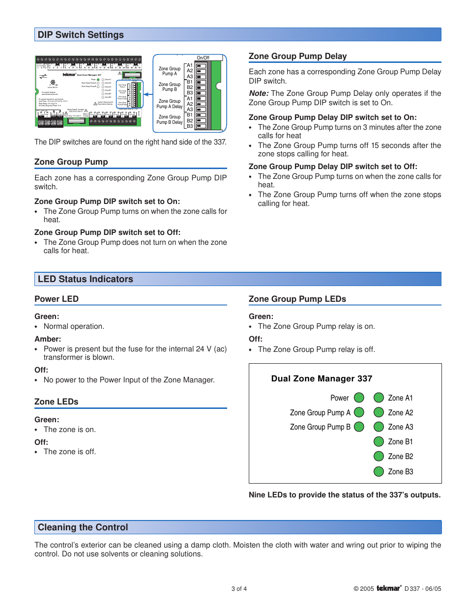 Dip switch settings, Led status indicators cleaning the control, Zone group pump | Zone group pump delay, Power led, Zone leds, Zone group pump leds | tekmar 337 Dual Zone Manager User Manual | Page 3 / 4