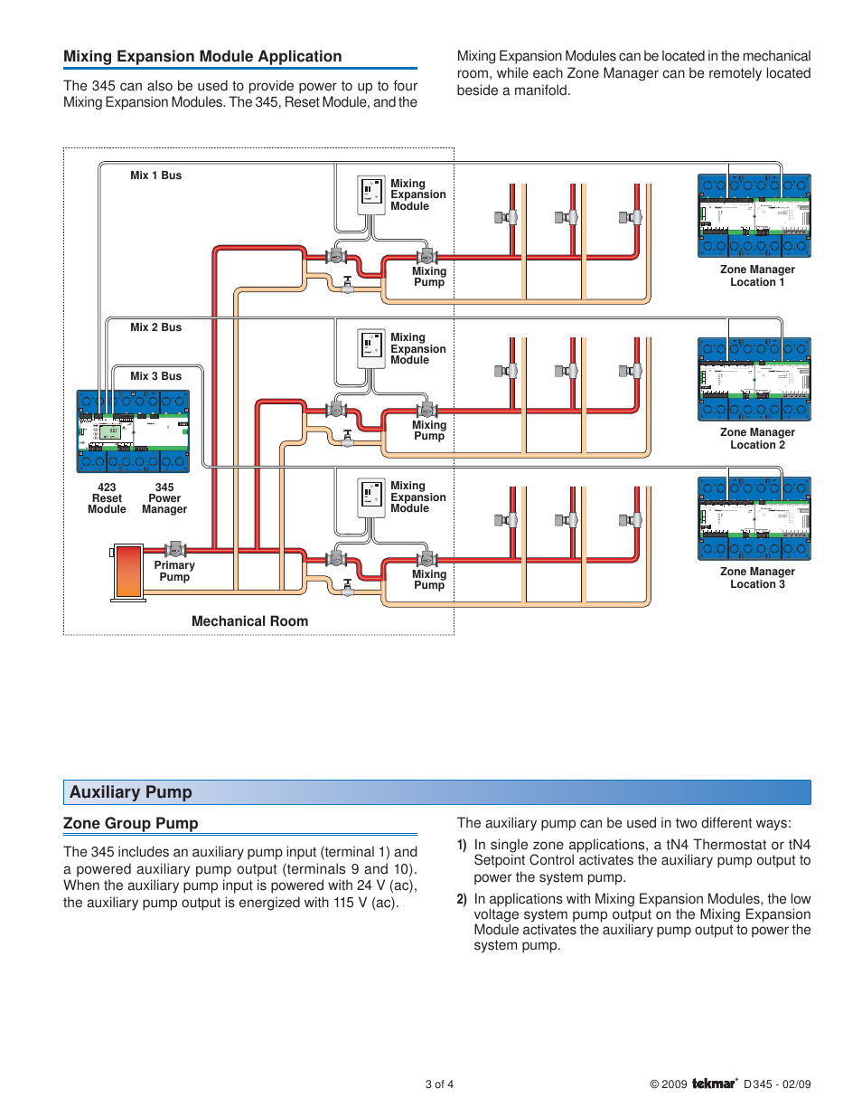 Auxiliary pump, Zone group pump, Mixing expansion module application | tekmar 345 Power Manager User Manual | Page 3 / 4