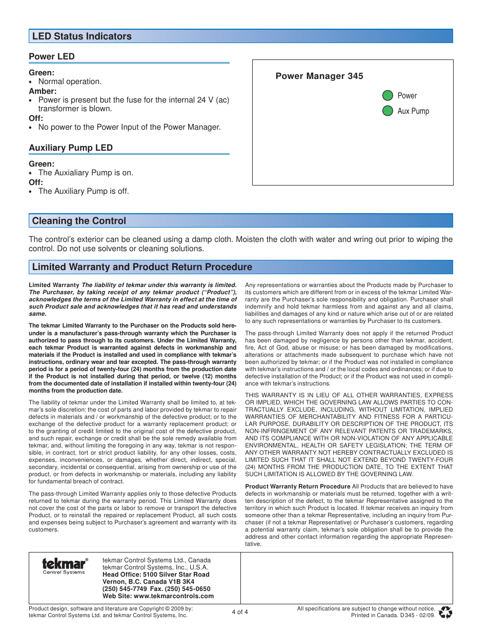 Led status indicators | tekmar 345 Power Manager User Manual | Page 4 / 4