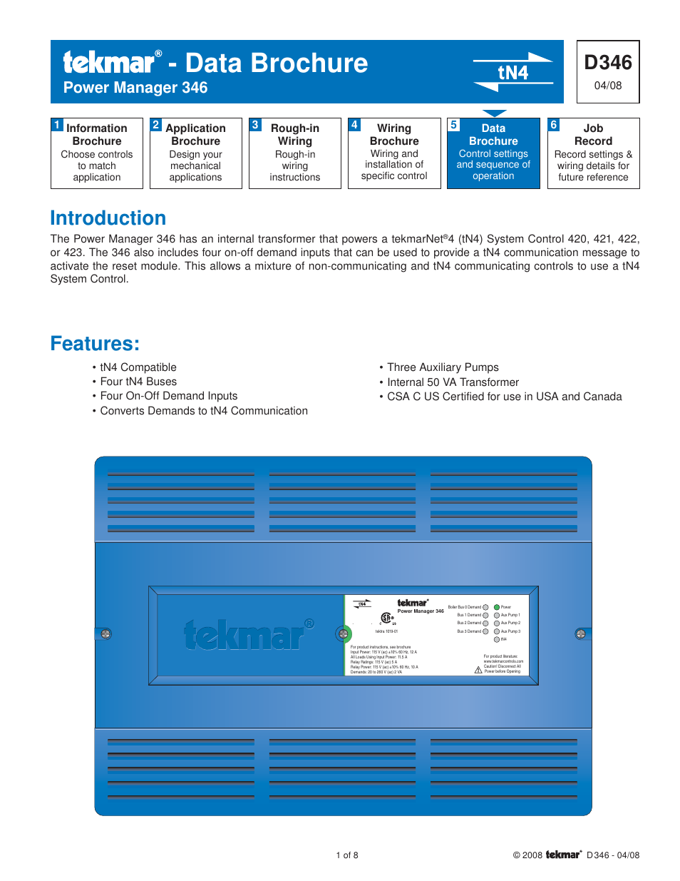 tekmar 346 Power Manager User Manual | 8 pages