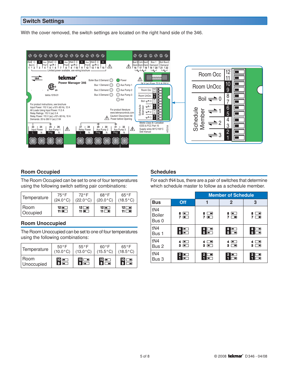 Switch settings, Room occupied, Room unoccupied | Schedules, Tn4 bus 1, Tn4 bus 2, Tn4 bus 3 | tekmar 346 Power Manager User Manual | Page 5 / 8