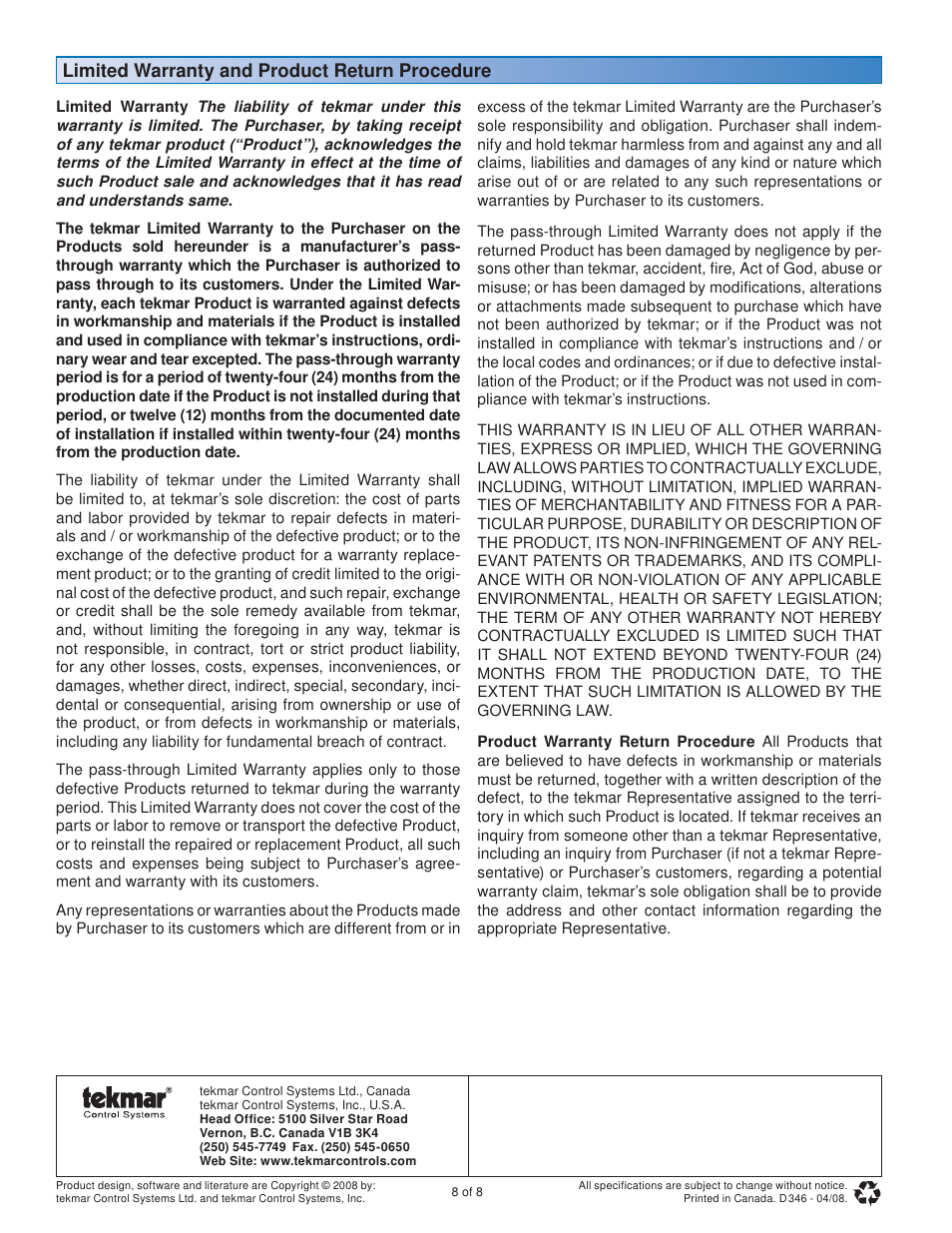 Limited warranty and product return procedure | tekmar 346 Power Manager User Manual | Page 8 / 8