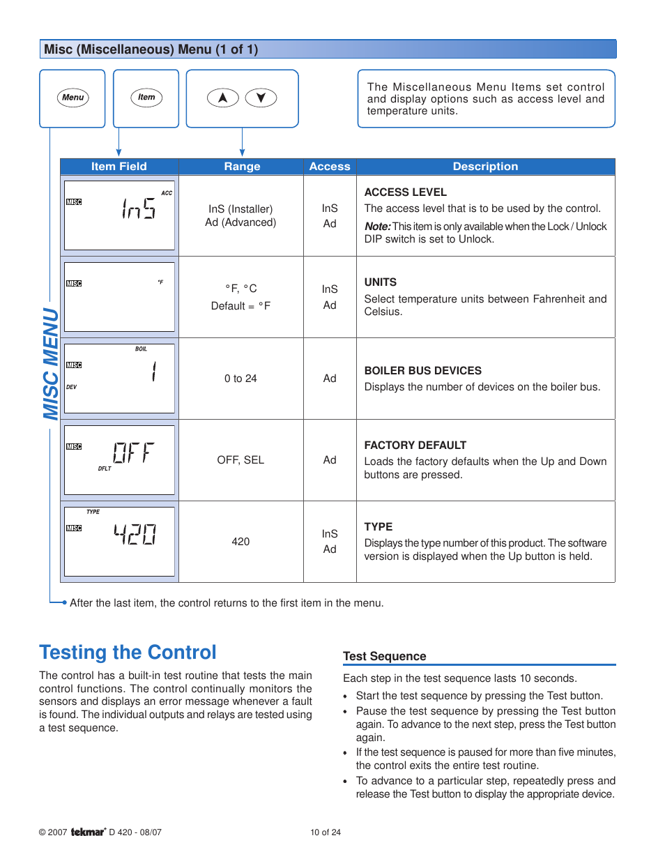 Misc menu testing the control | tekmar 420 Boiler Reset Module User Manual | Page 10 / 24