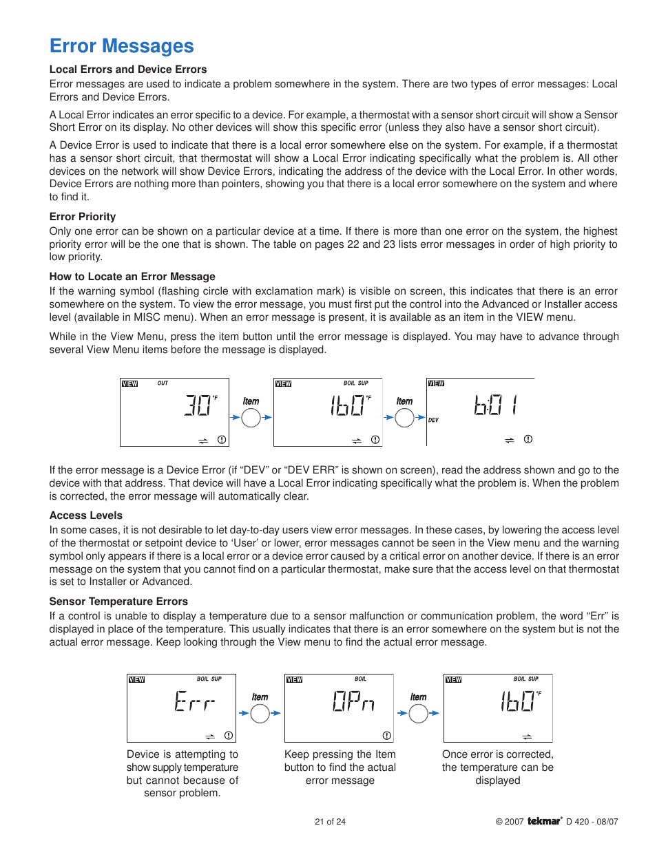 Error messages | tekmar 420 Boiler Reset Module User Manual | Page 21 / 24