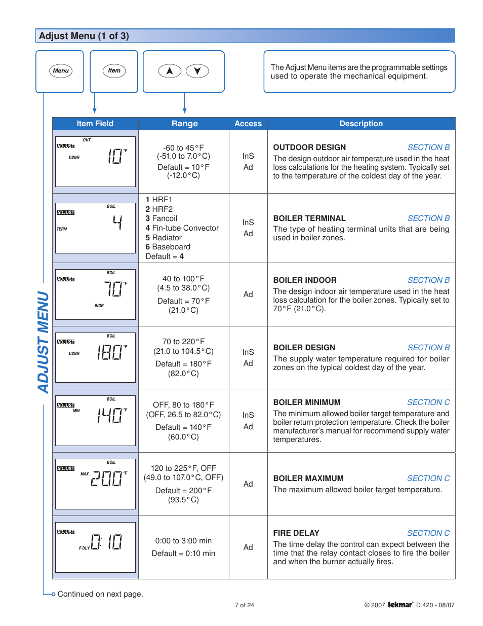 Adjus t menu | tekmar 420 Boiler Reset Module User Manual | Page 7 / 24