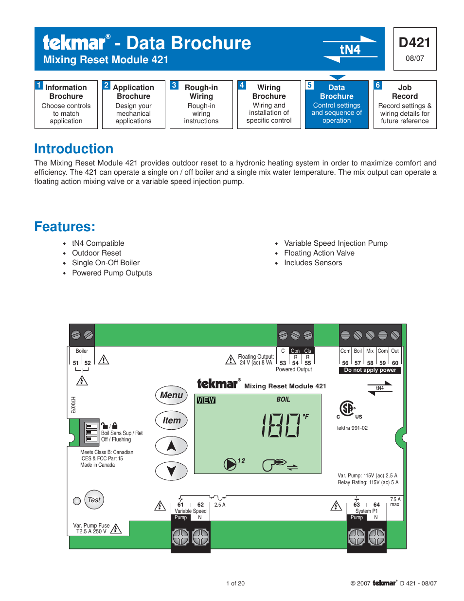 tekmar 421 Mixing Reset Module User Manual | 20 pages