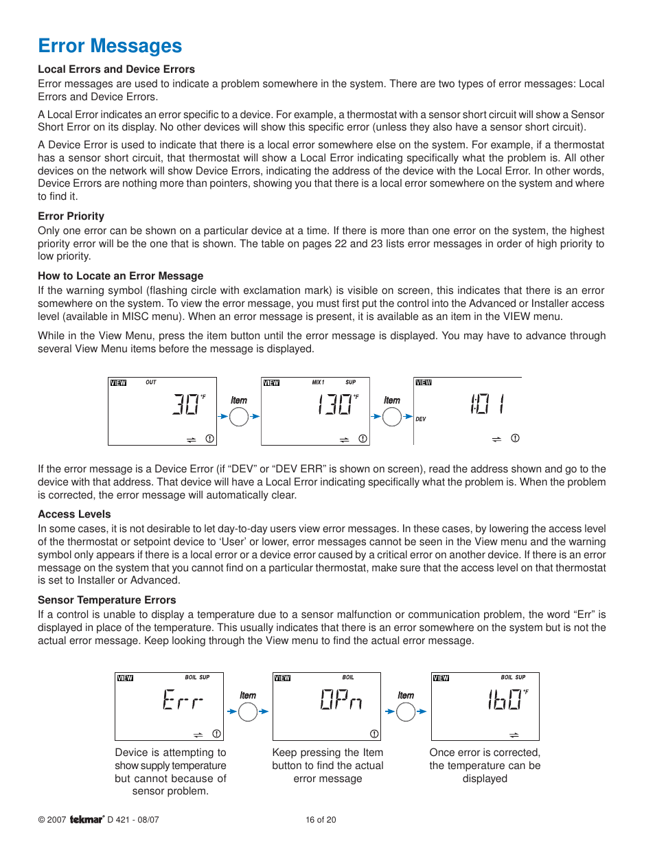 Error messages | tekmar 421 Mixing Reset Module User Manual | Page 16 / 20