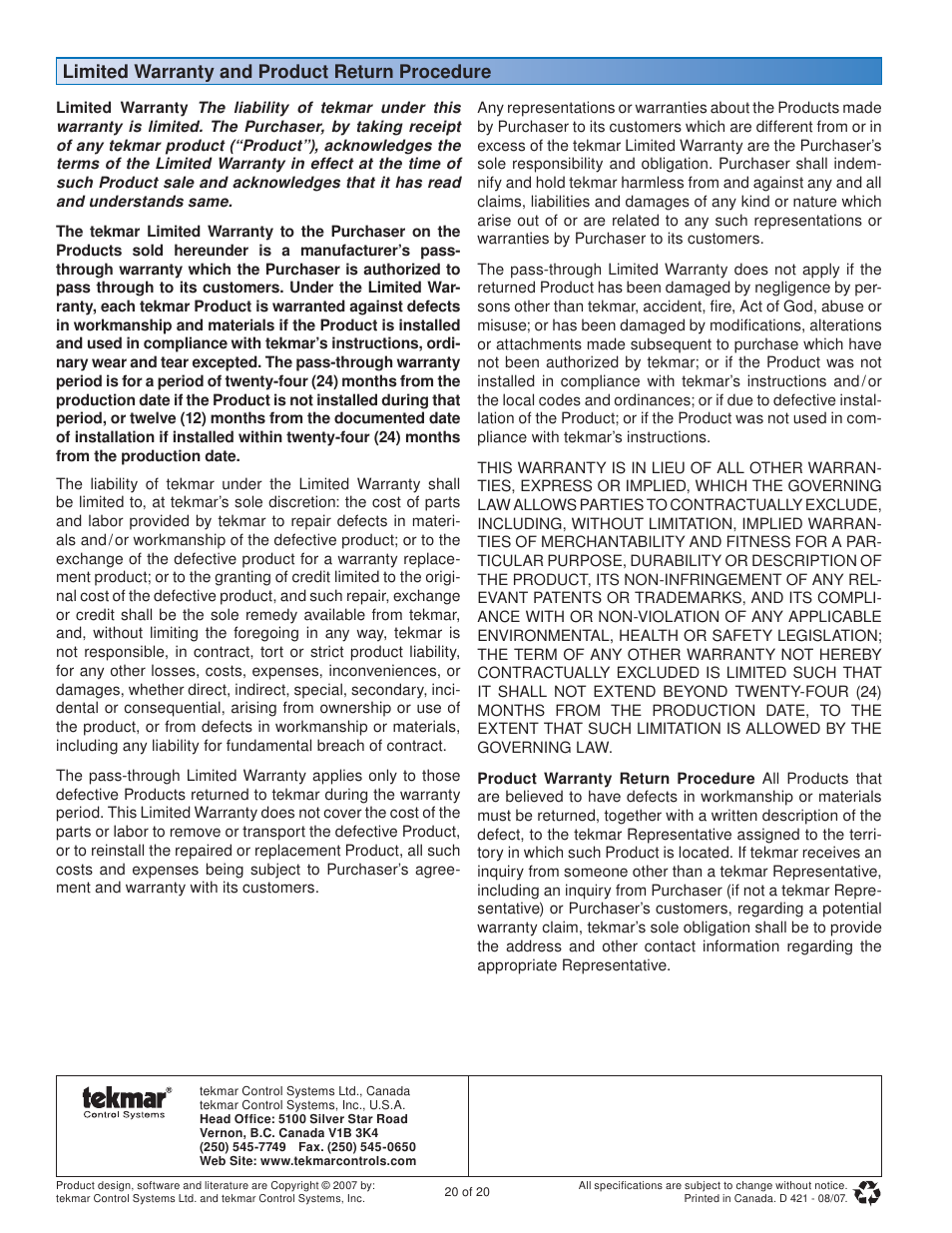 Limited warranty and product return procedure | tekmar 421 Mixing Reset Module User Manual | Page 20 / 20