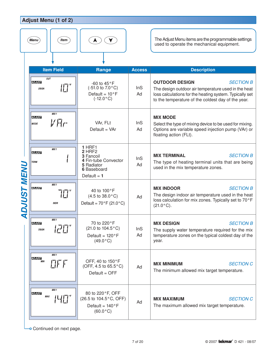 Adjus t menu | tekmar 421 Mixing Reset Module User Manual | Page 7 / 20