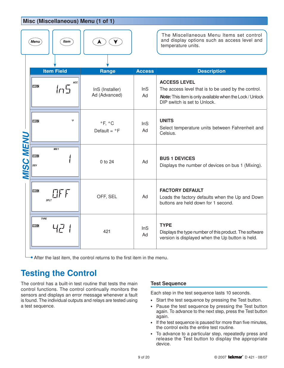 Misc menu testing the control | tekmar 421 Mixing Reset Module User Manual | Page 9 / 20