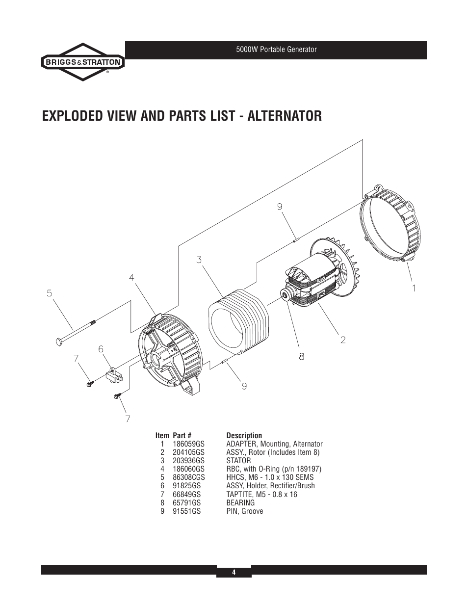 Exploded view and parts list - alternator | Briggs & Stratton 30361 User Manual | Page 4 / 6