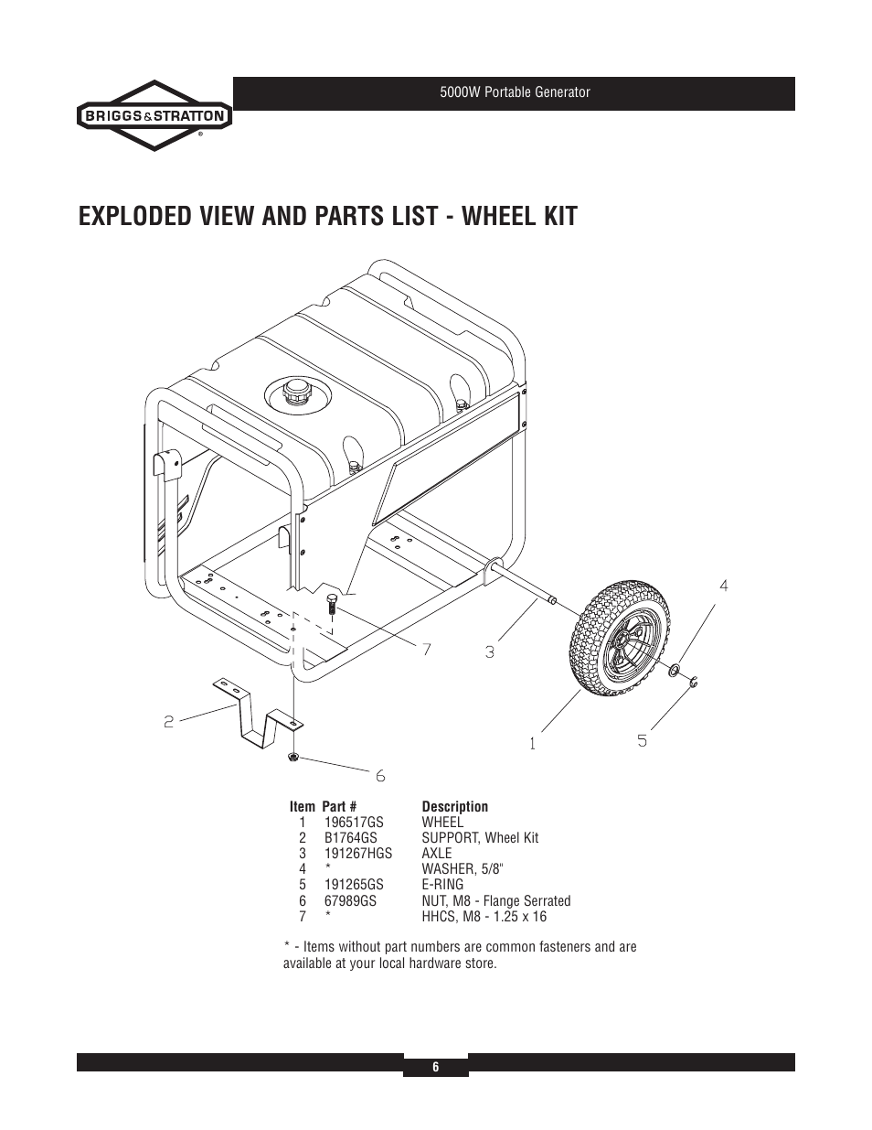 Exploded view and parts list - wheel kit | Briggs & Stratton 30361 User Manual | Page 6 / 6
