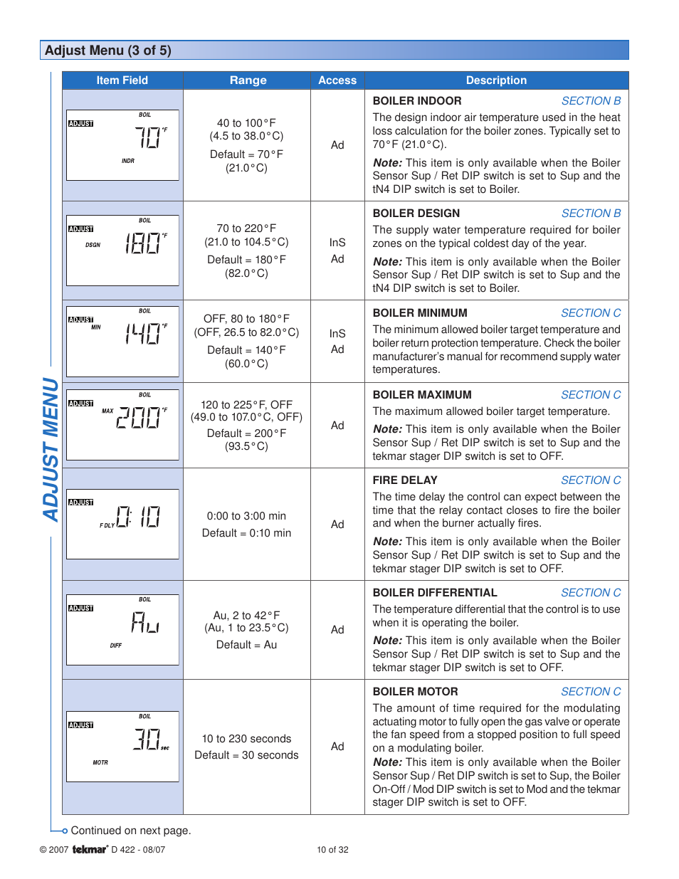 Adjus t menu | tekmar 422 Universal Reset Module User Manual | Page 10 / 32