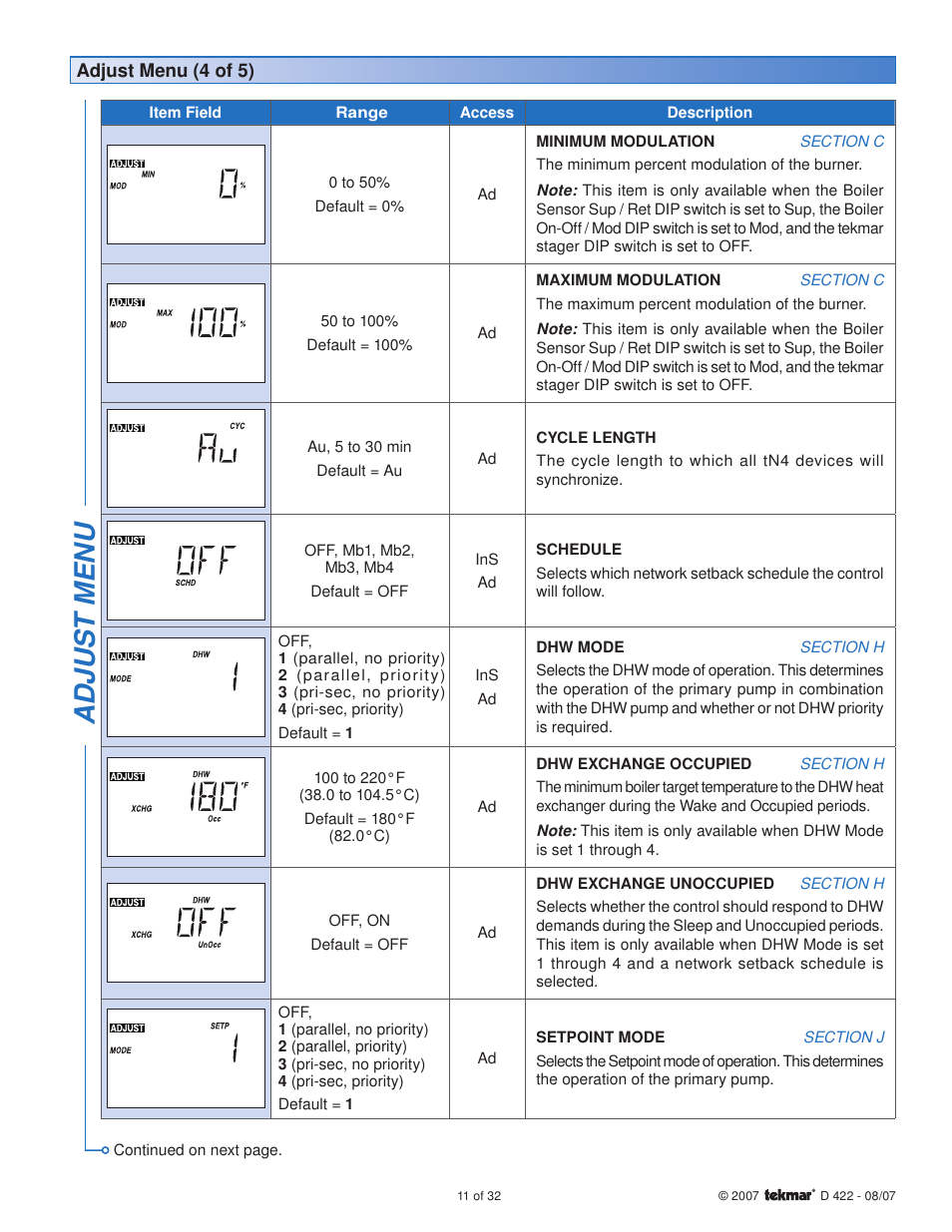 Adjus t menu | tekmar 422 Universal Reset Module User Manual | Page 11 / 32