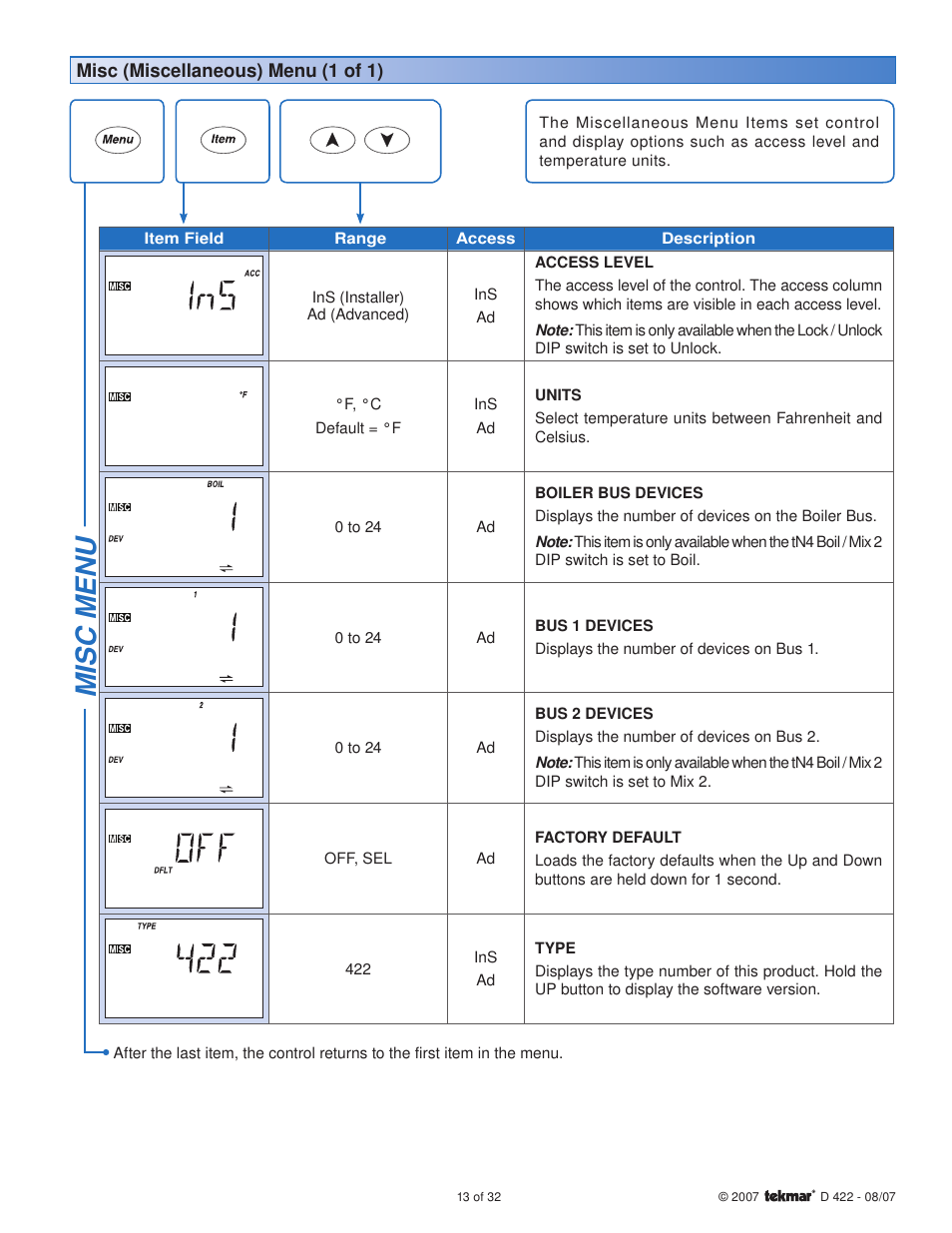 Misc menu | tekmar 422 Universal Reset Module User Manual | Page 13 / 32