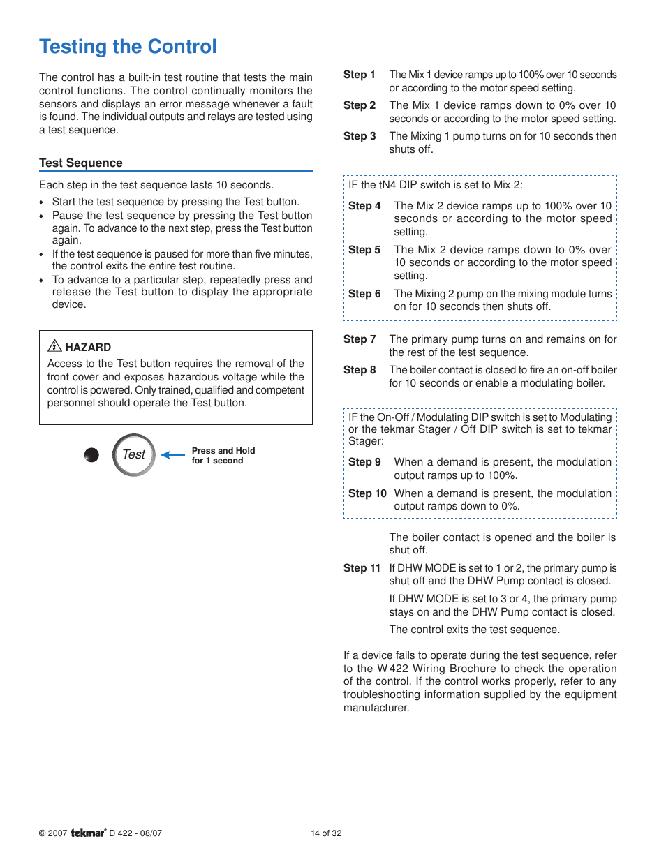 Testing the control | tekmar 422 Universal Reset Module User Manual | Page 14 / 32