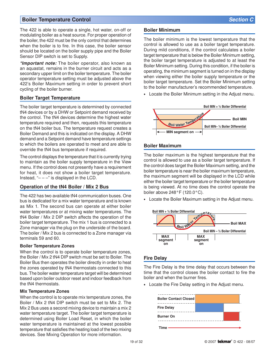 Boiler target temperature, Operation of the tn4 boiler / mix 2 bus, Boiler minimum | Boiler maximum, Fire delay | tekmar 422 Universal Reset Module User Manual | Page 19 / 32