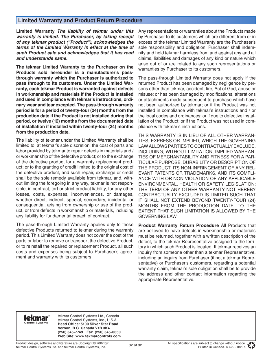 Limited warranty and product return procedure | tekmar 422 Universal Reset Module User Manual | Page 32 / 32